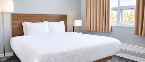A hotel room with a bed, a nightstand, a lamp, a window with curtains, and a framed picture on the wall.