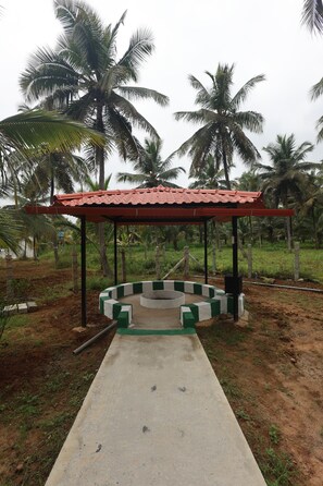 A covered outdoor area with a concrete pathway leading to a circular seating area, surrounded by greenery and palm trees.