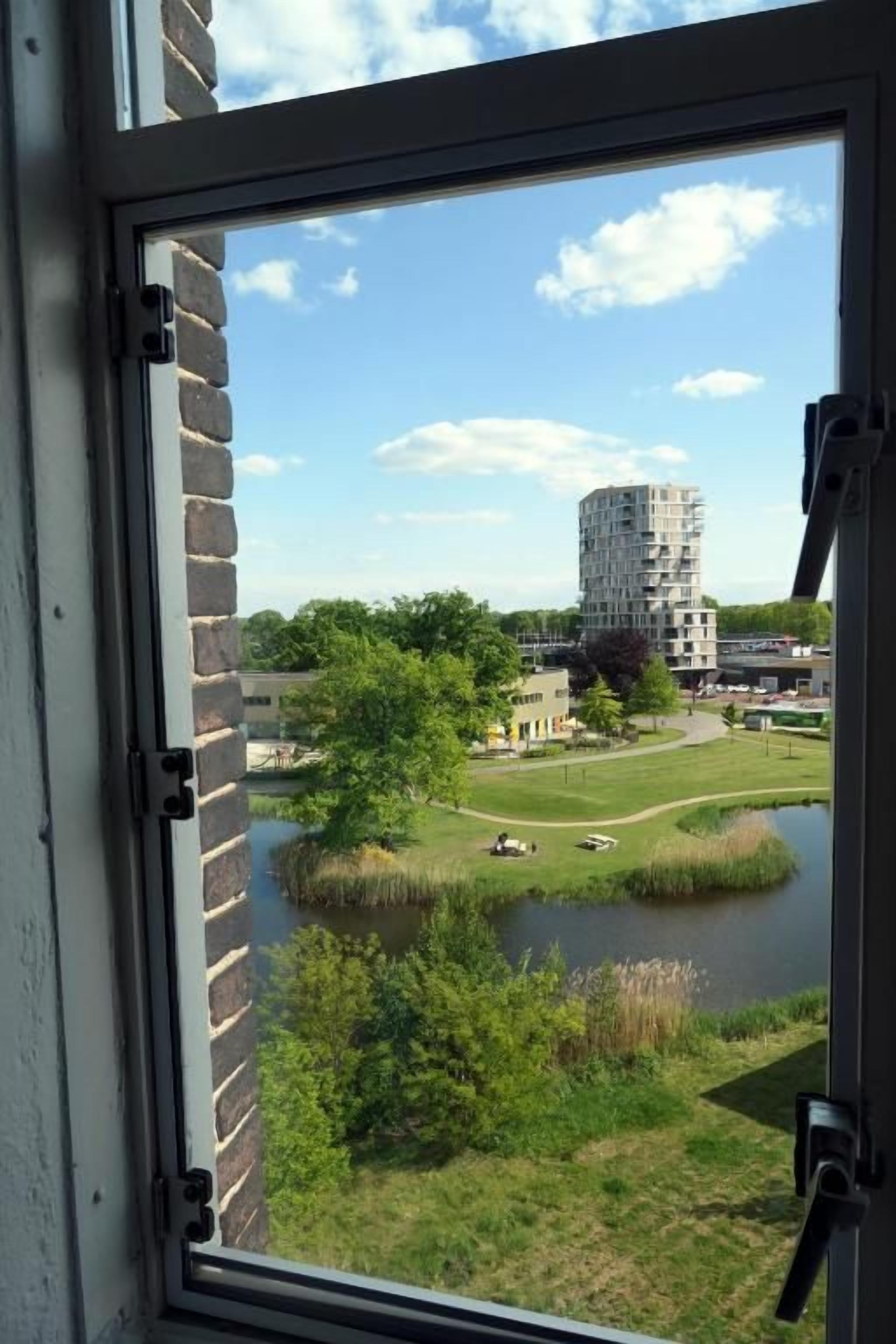 A window view of a building with a pond and greenery in the foreground, and a tall, modern building in the background.