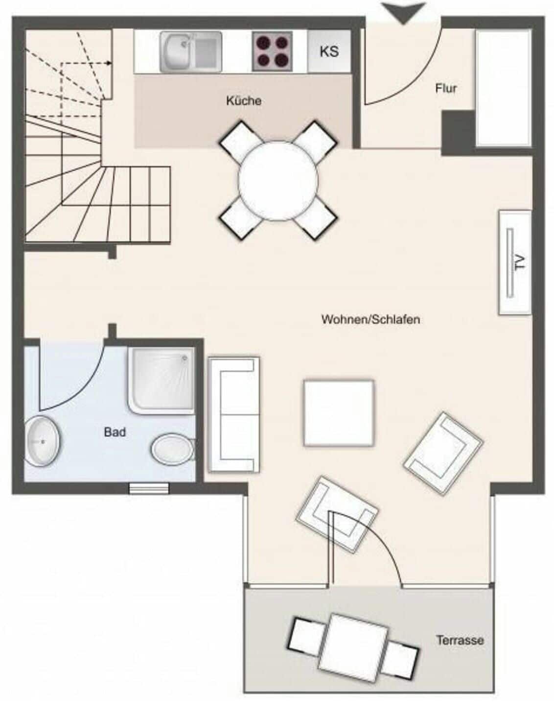 A hotel room layout with a kitchen, bathroom, living area, and terrace.