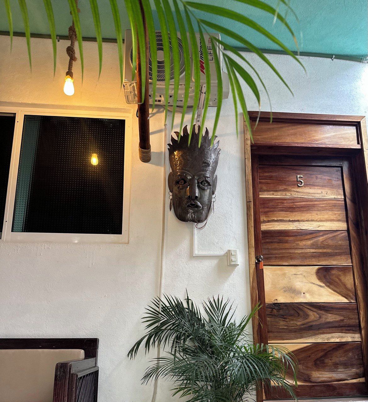 Una habitación con ventana, ventilador de pared, puerta de madera con un número y una planta en maceta.