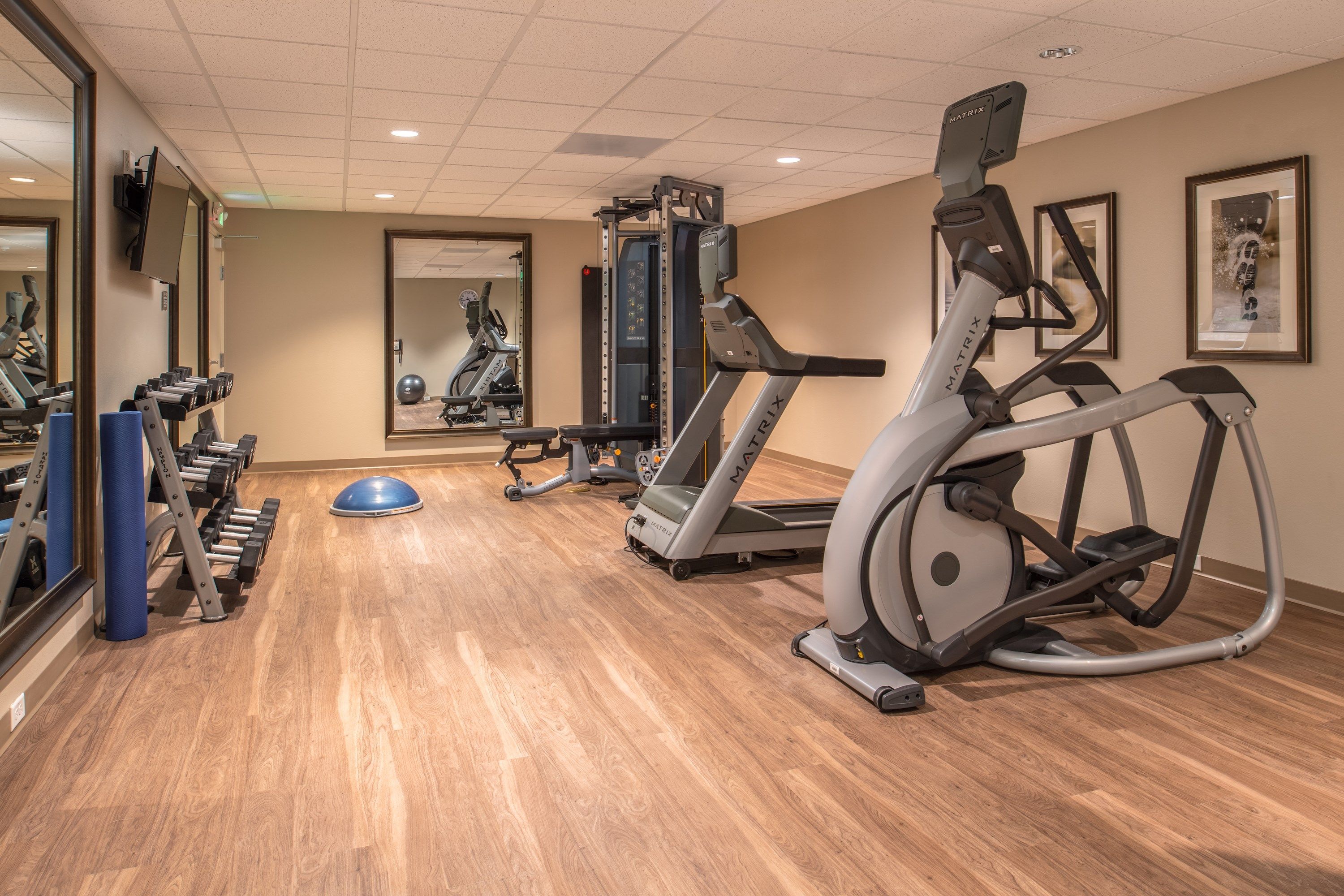 Un gimnasio con cintas de correr, elípticas y pesas sueltas.
