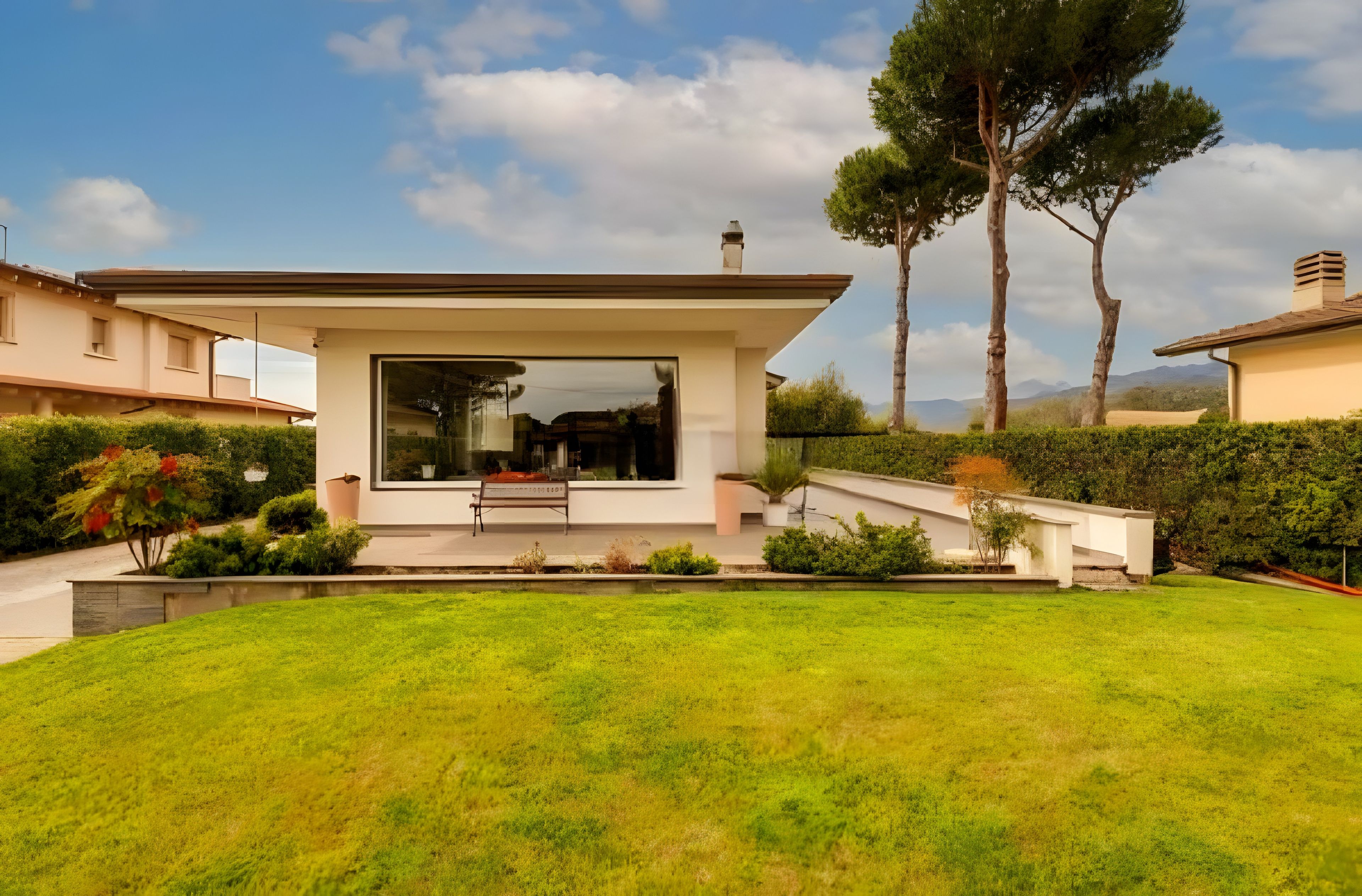 A modern house with a large glass window, a small patio, and a well-maintained lawn.