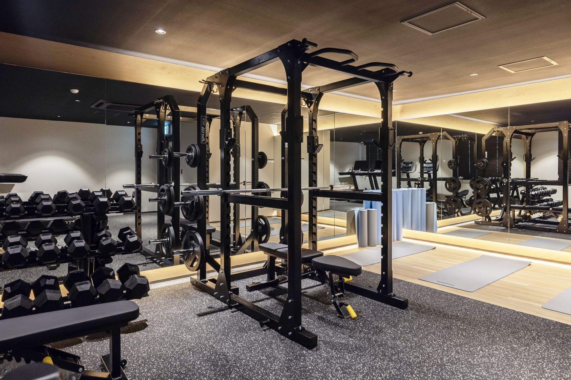 A gym with weightlifting equipment, treadmills, and exercise mats.