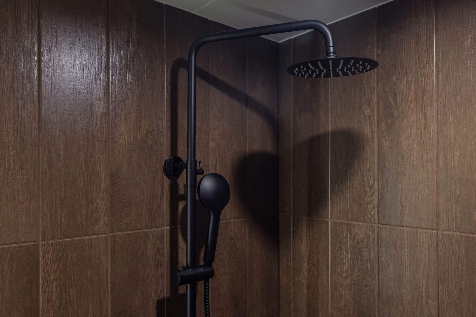 A shower with a curved handle and a roundhead showerhead against a wooden wall.