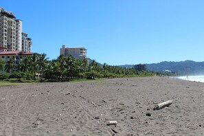 Ein Strand mit Gebäuden im Hintergrund, Palmen und blauem Himmel.