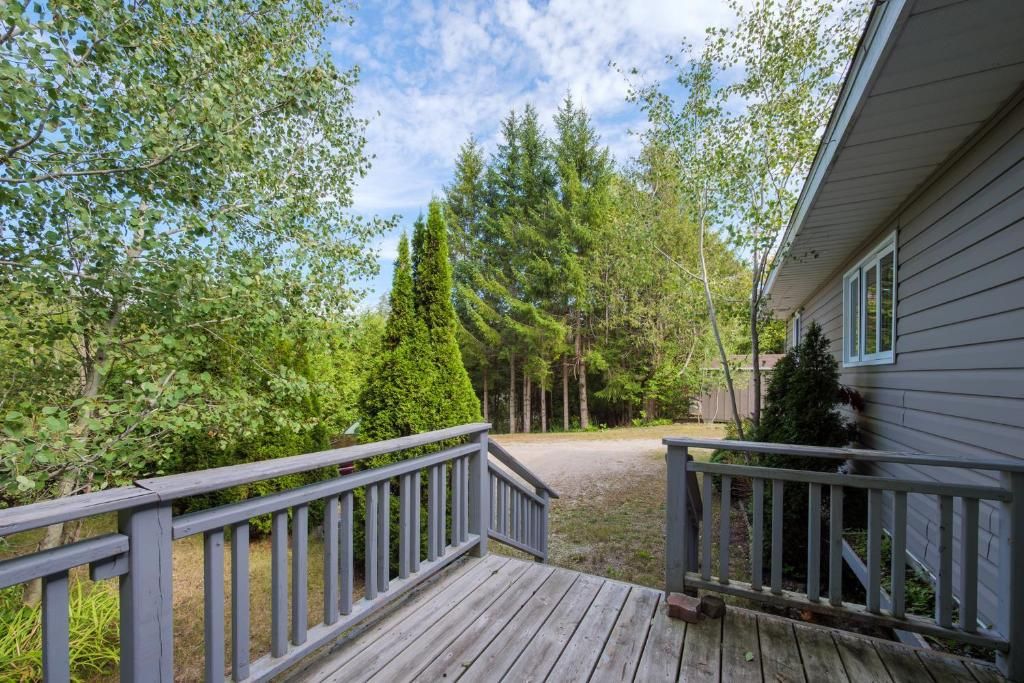 A wooden deck leading to a house surrounded by trees.