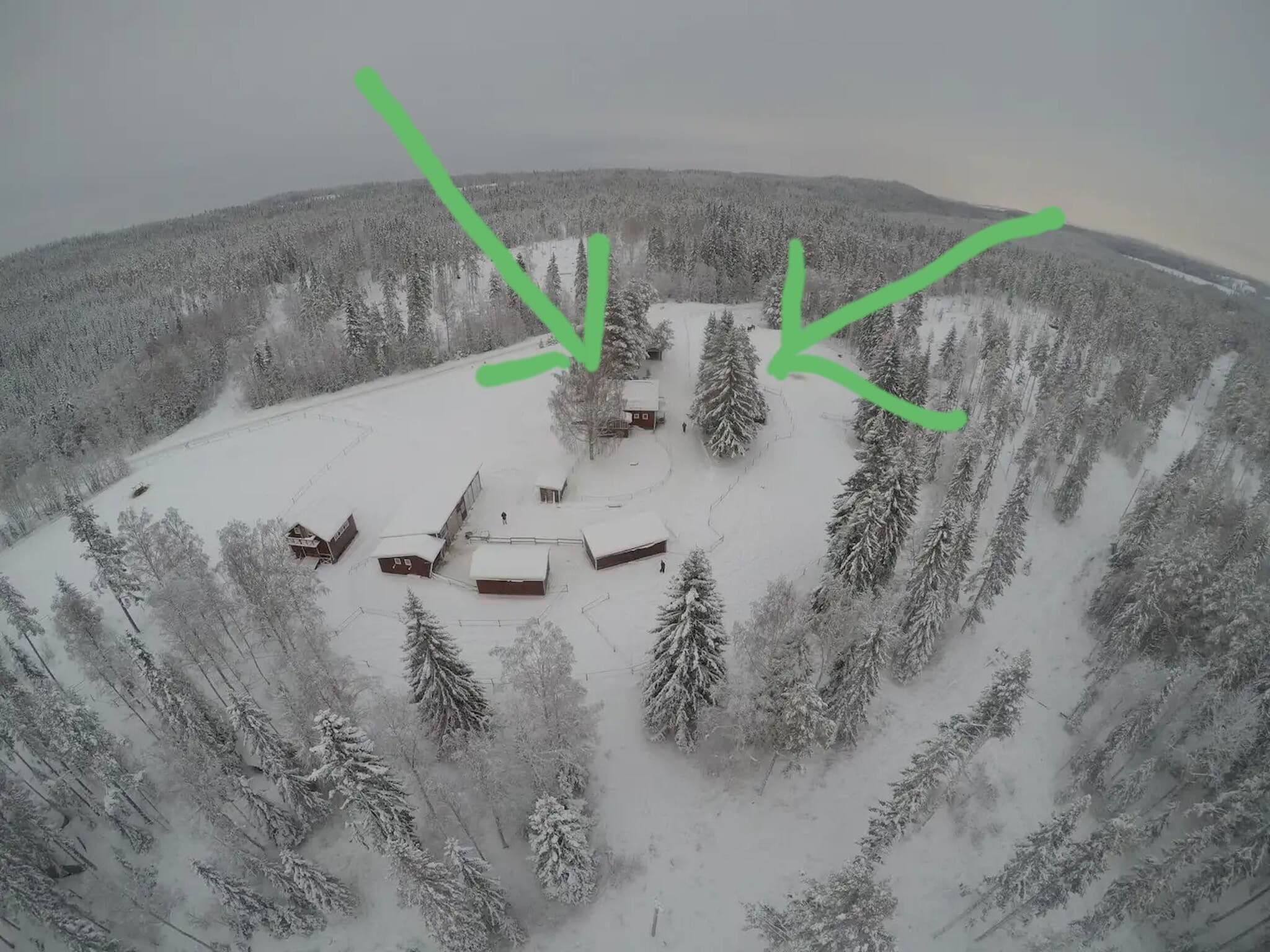 A snow-covered landscape with a cluster of buildings surrounded by dense forest.