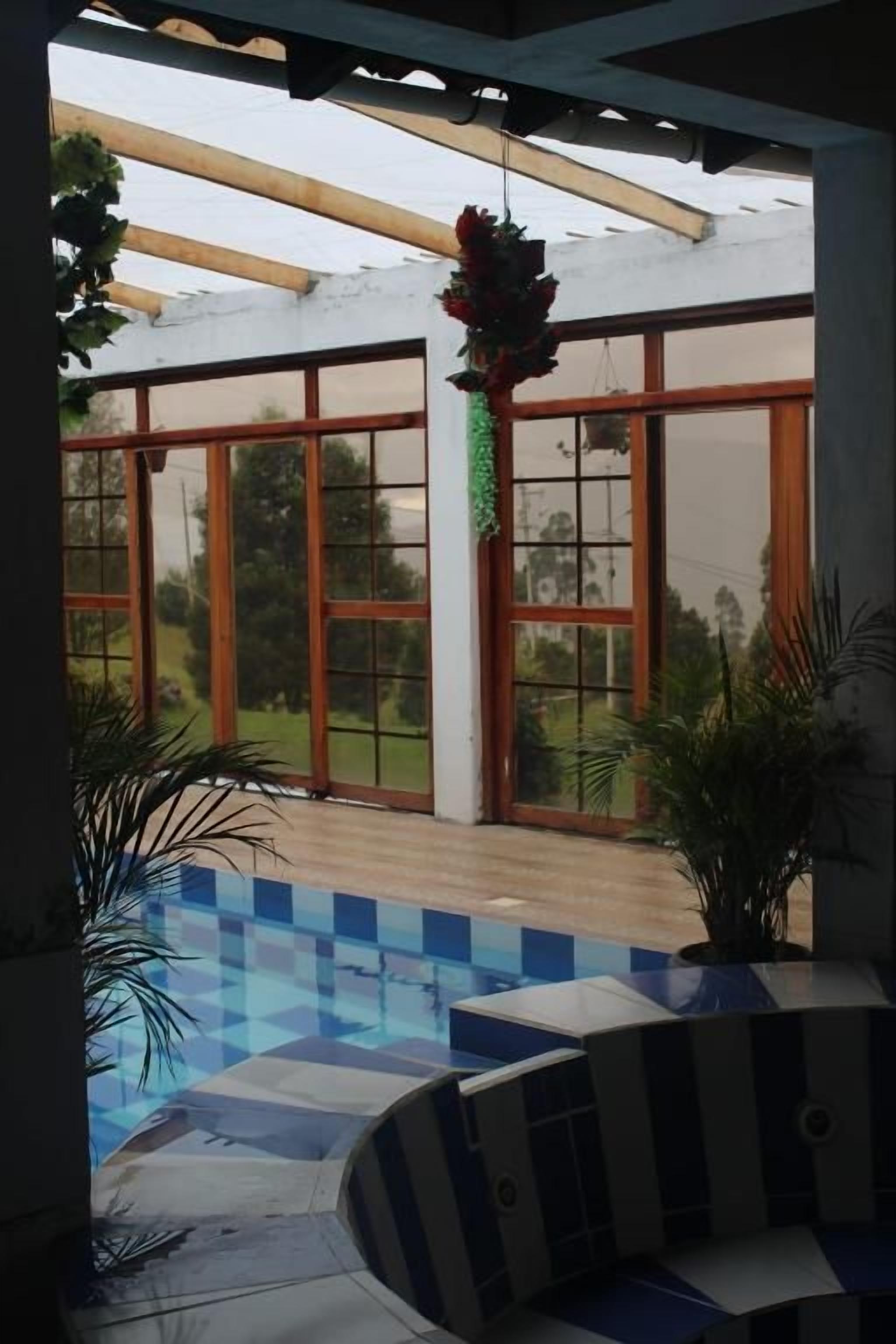 Uma área externa coberta com piscina, plantas em vasos e um pergolado.