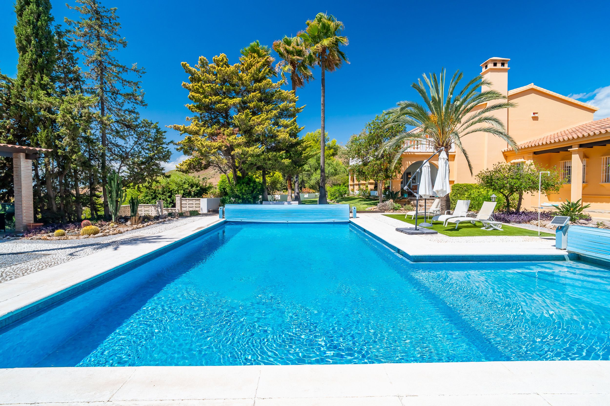 A clear blue pool with a tiled deck, surrounded by palm trees and a building with a tiled roof.