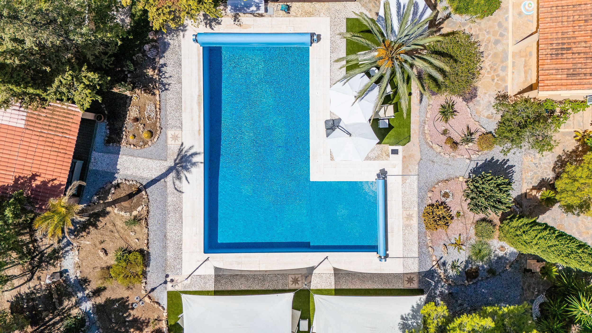Ovenudblik over en swimmingpool omgivet af grøn vegetation og en stenvæg.