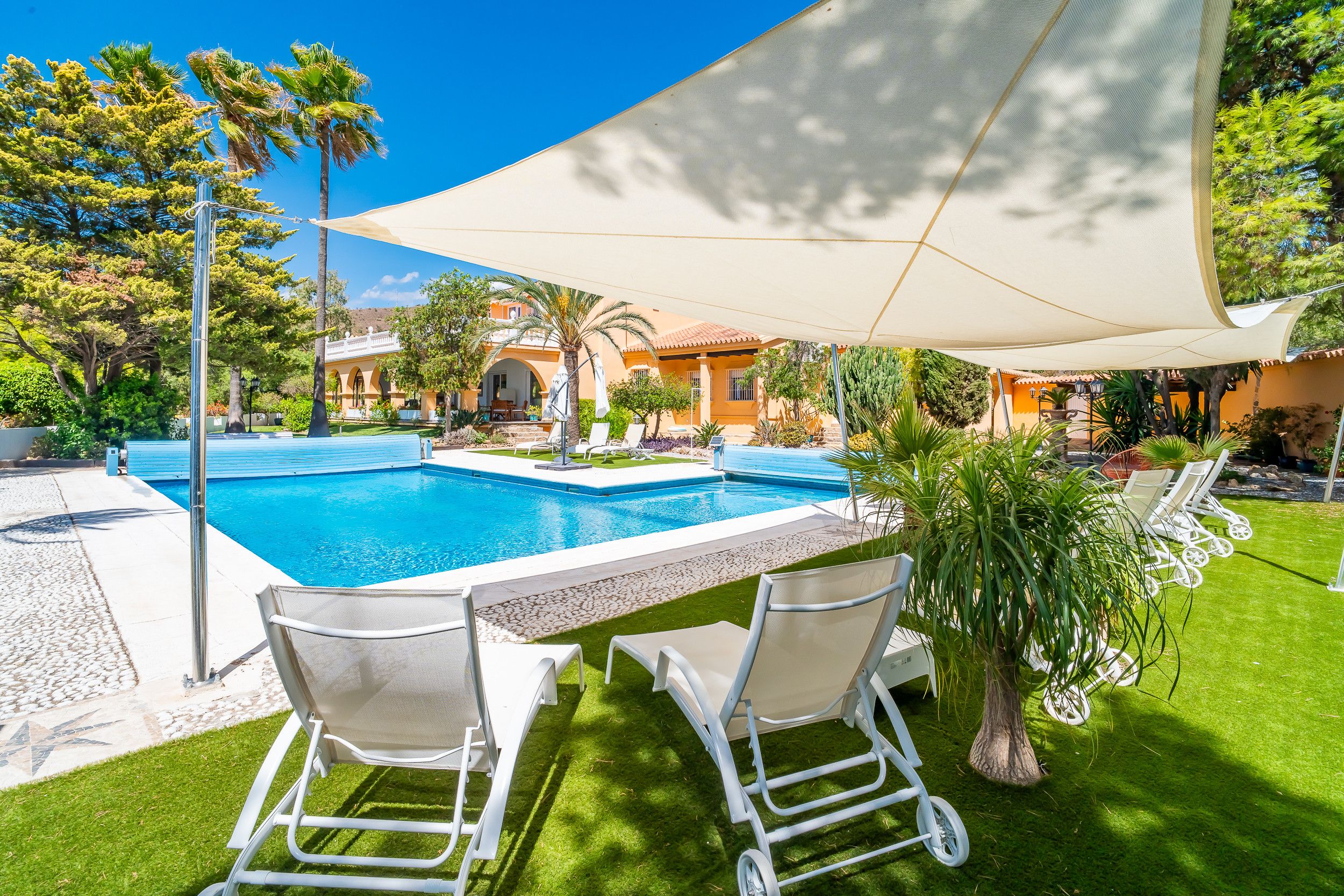A swimming pool with a sunshade, two lounge chairs, and a well-maintained lawn.