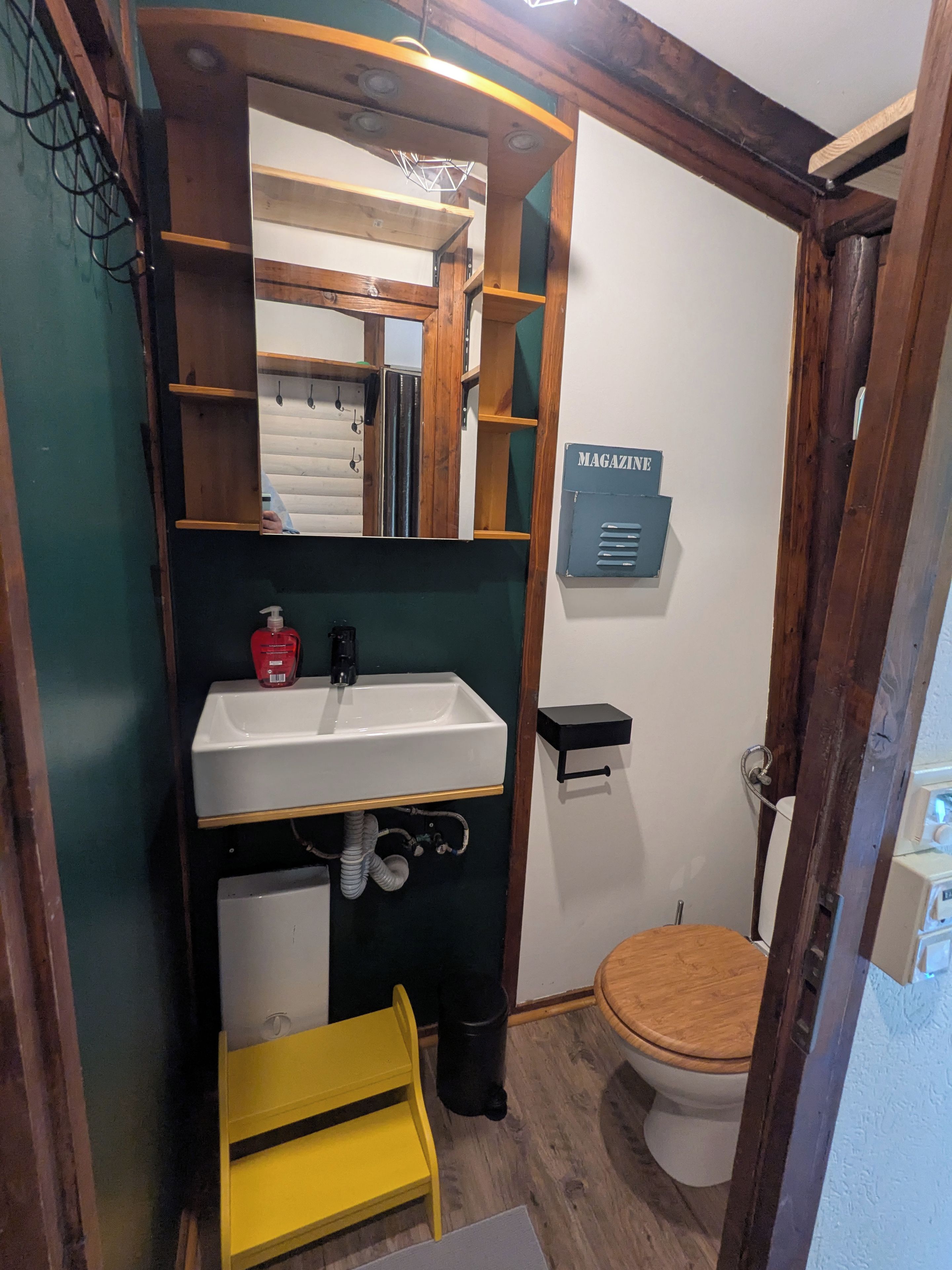 Une petite salle de bain avec un lavabo blanc, un miroir encadré en bois, des toilettes et une petite étagère portant l’inscription « MAGAZINES ».
