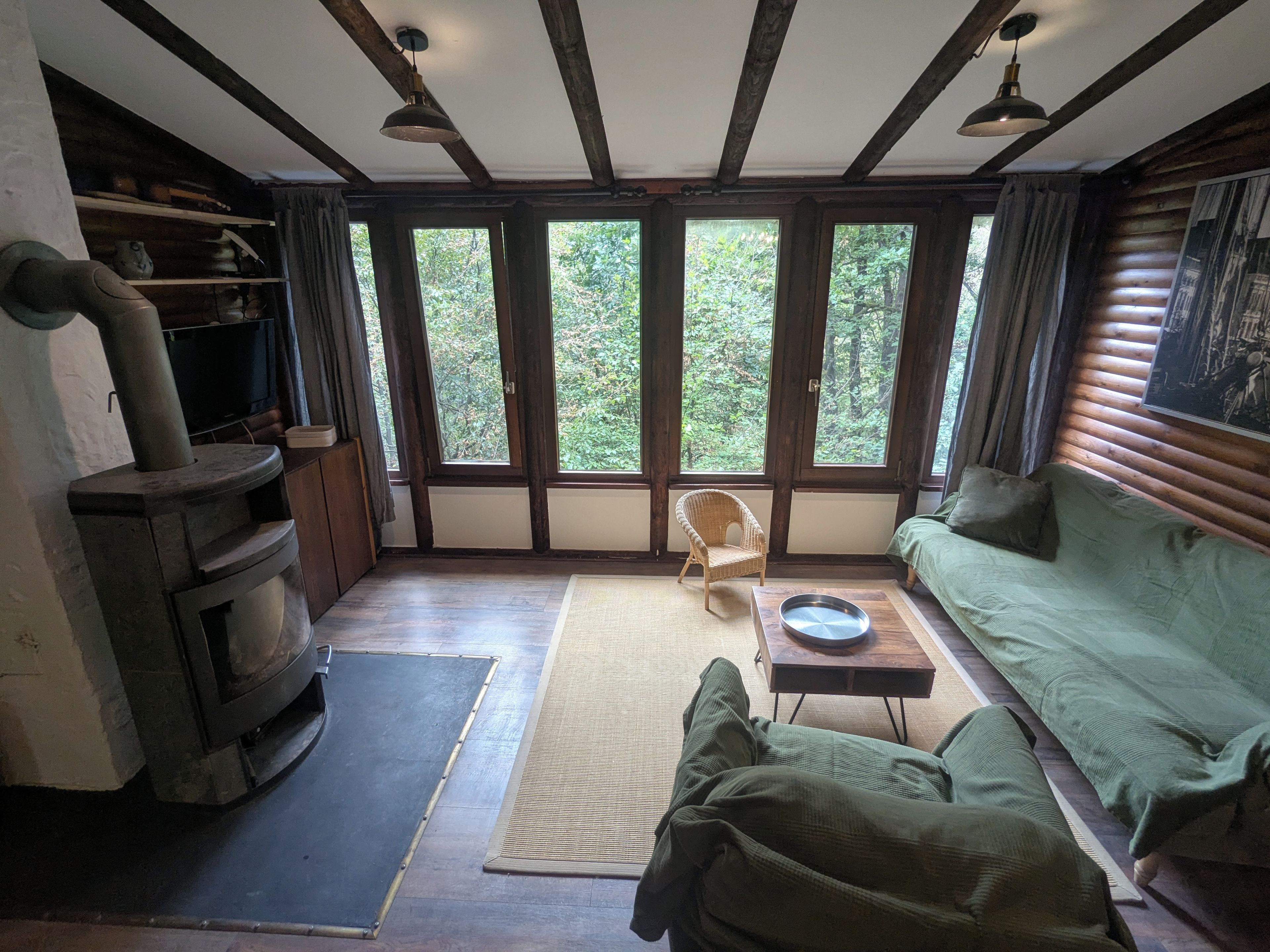A cozy cabin interior with a wood-burning stove, a green sofa, a wicker chair, and large windows offering a view of the forest.