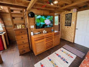 A wooden interior with a television, wooden cabinets, and a door.