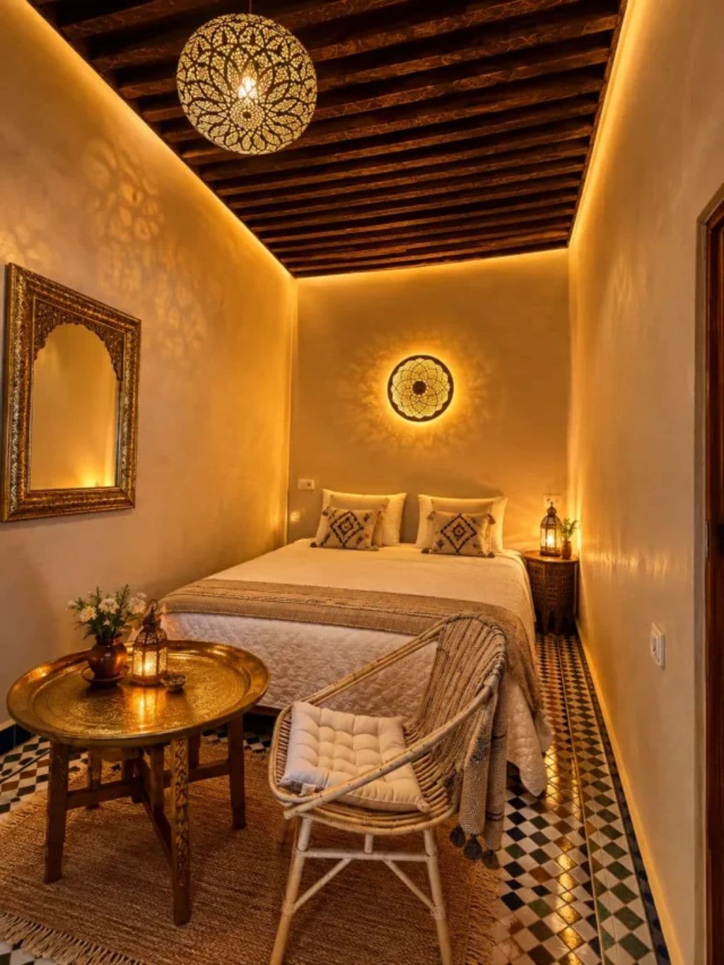 Un dormitorio acogedor con cama, lámpara colgante, espejo y una mesita de noche con lámpara.