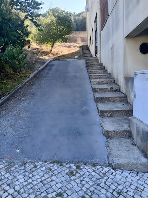 A paved pathway leading to a building with a satellite dish, surrounded by greenery.
