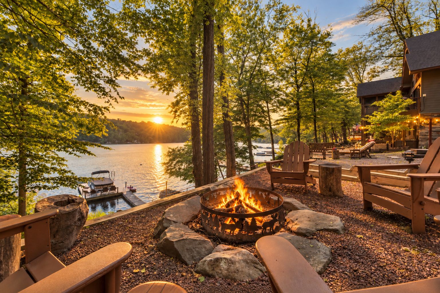 A lakeside patio with a fire pit, seating, and a dock.