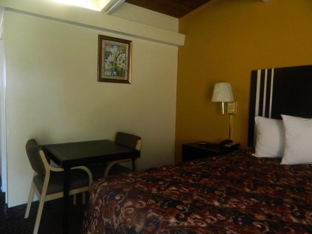A hotel room with a bed, a desk, a chair, a nightstand, a lamp, and a framed picture on the wall.
