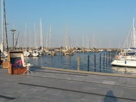 A marina with multiple sailboats docked, a small kiosk with a chair, and a clear sky.