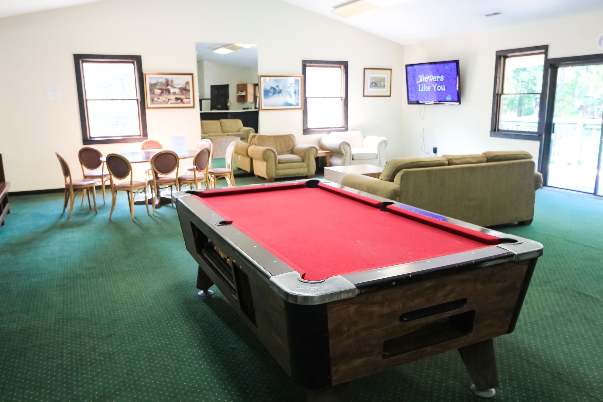 A pool table in a room with a green carpet, a sofa, and a television on the wall.