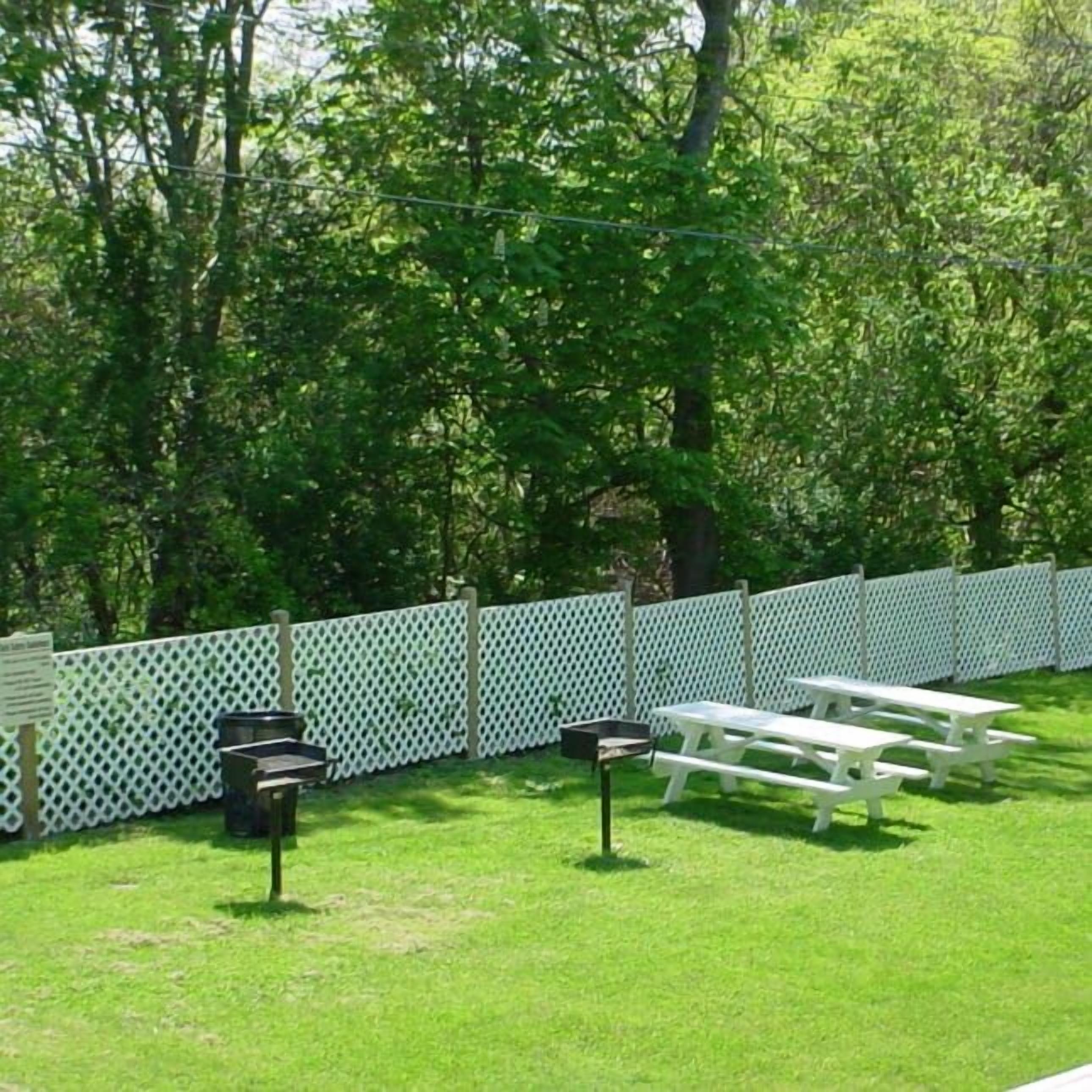 A grassy outdoor area with picnic tables and a white lattice fence.