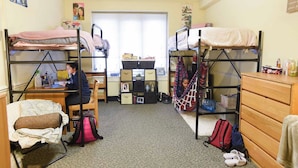 Un dormitorio con literas, un escritorio, una silla, un aparador y un sillón colgante.