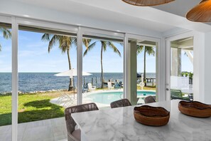 Habitació moderna amb un gran finestral que dona a una zona de piscina, palmeres i vista a l'oceà.