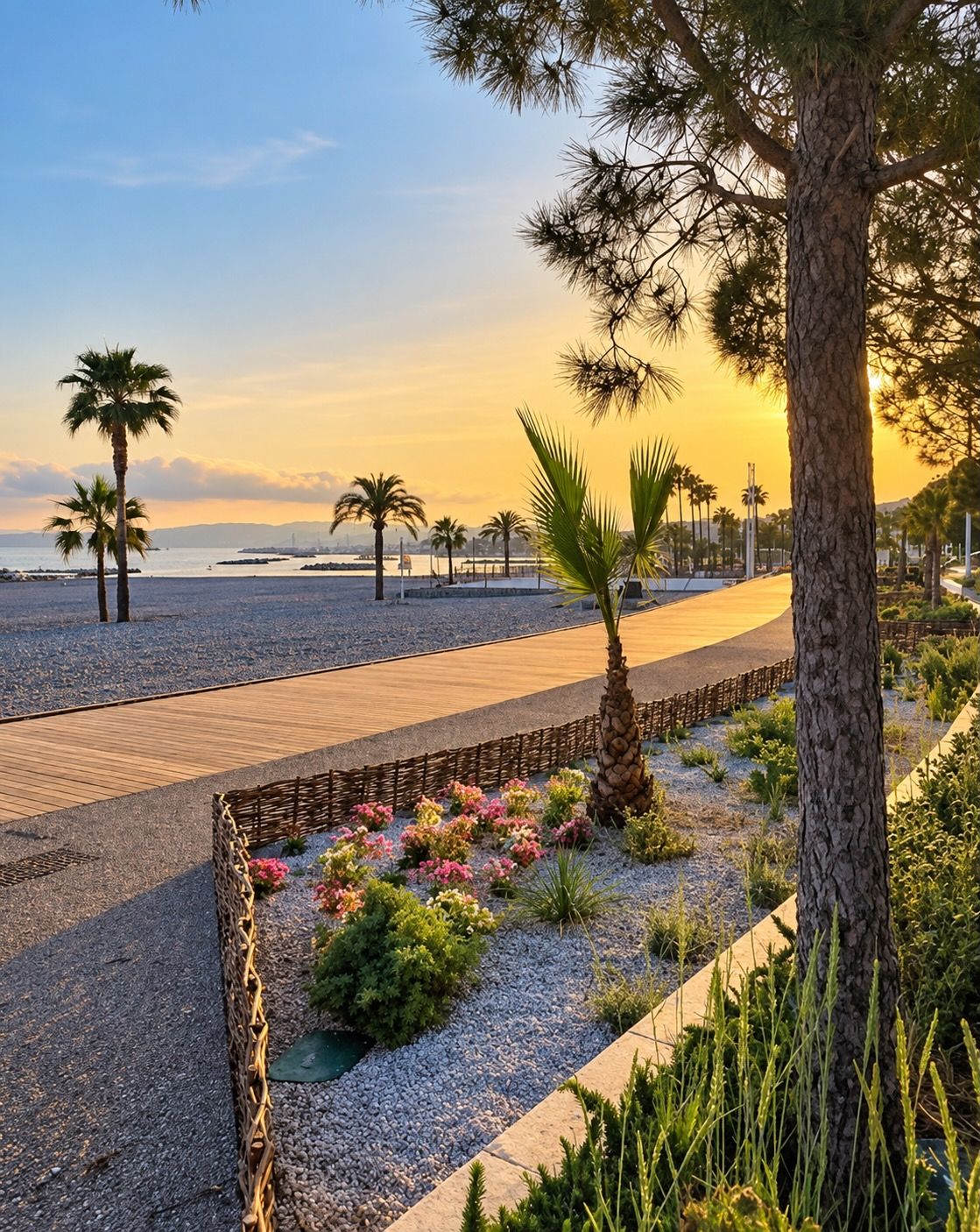A coastal promenade with a pebble beach, palm trees, and a wooden walkway.