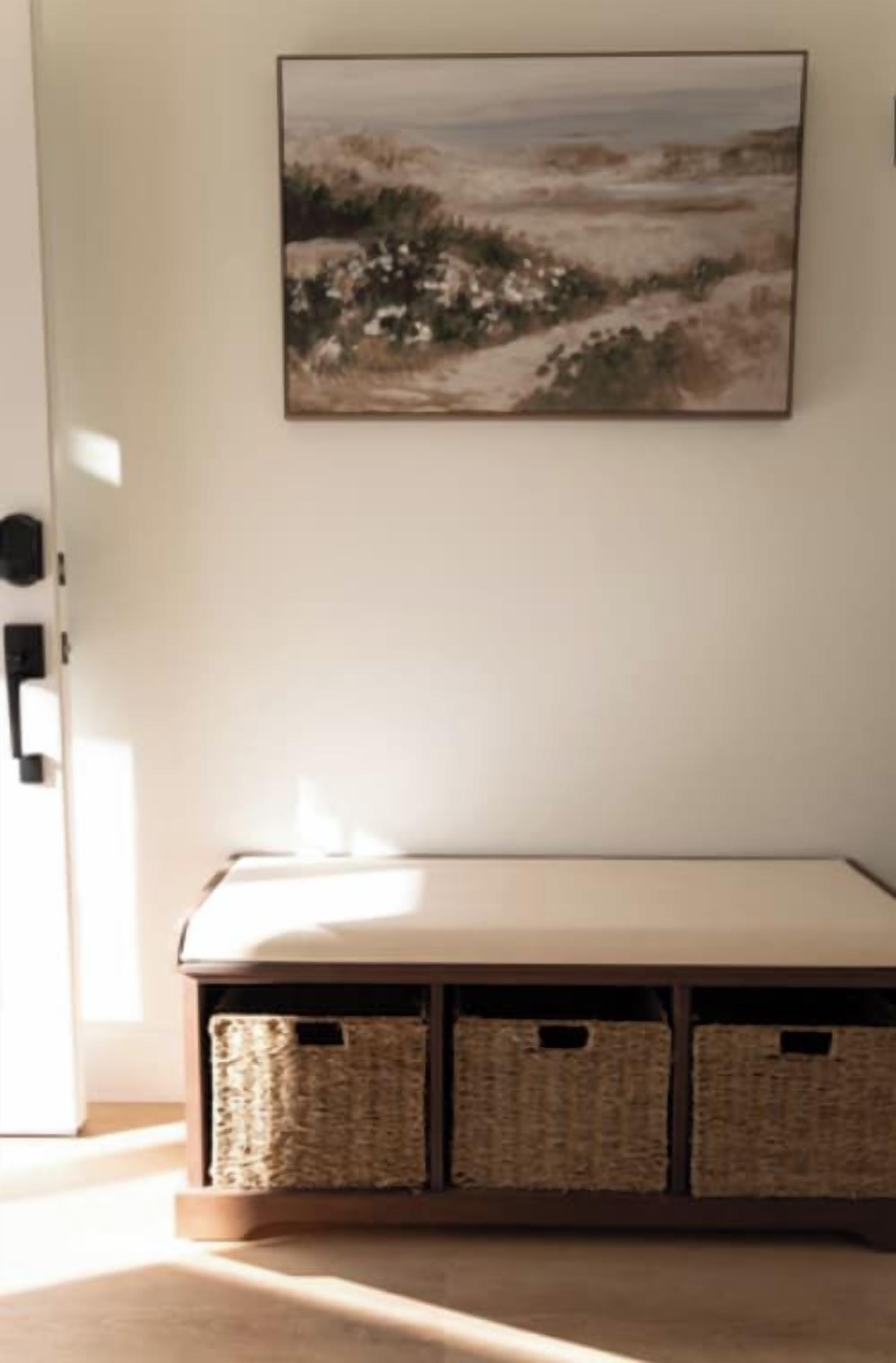 Ein Zimmer mit einer Bank, einem gerahmten Landschaftsbild und Stauraumbaskets darunter.
