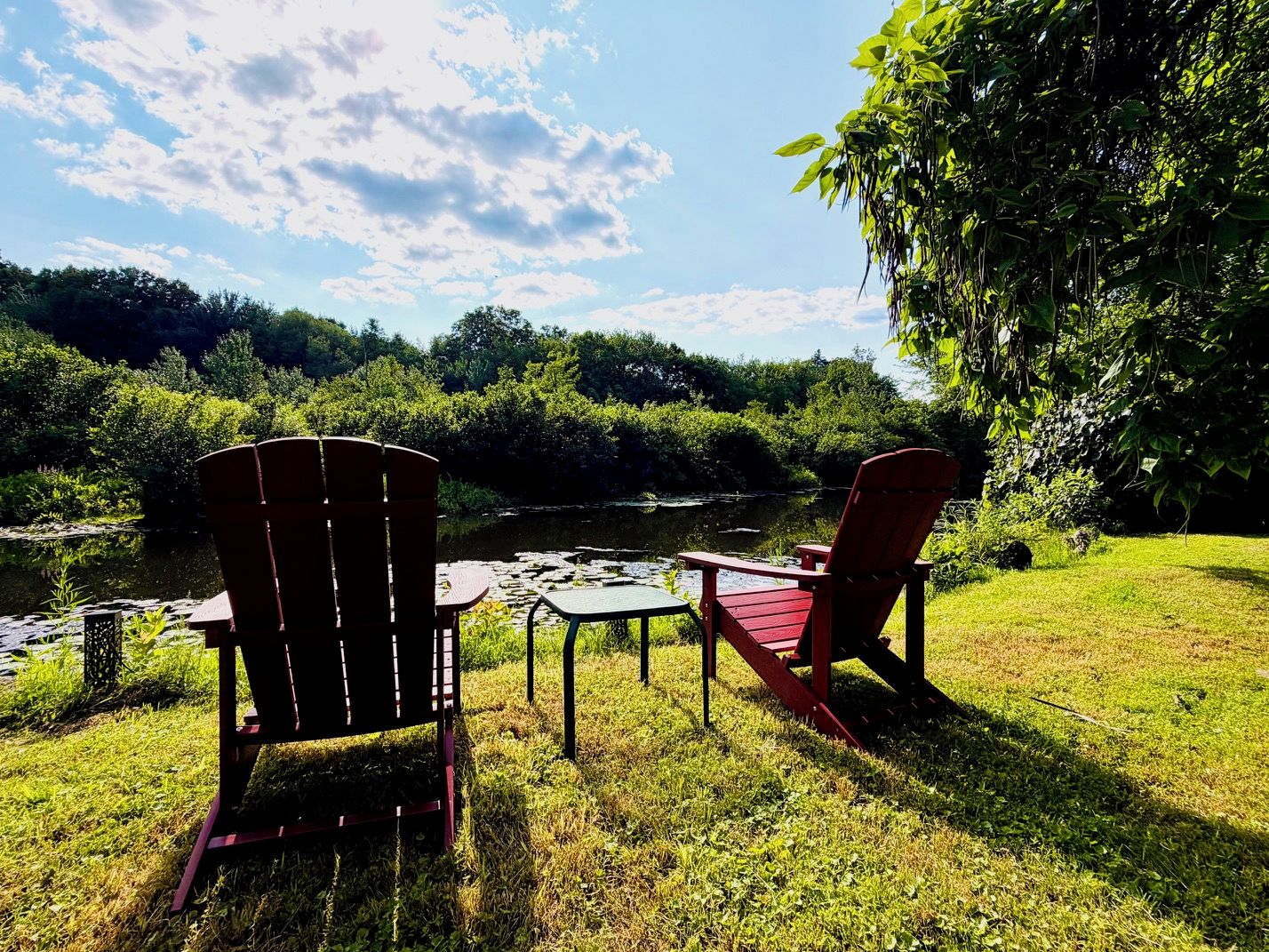 Two Adirondack chairs facing a river with a grassy area and trees in the background.