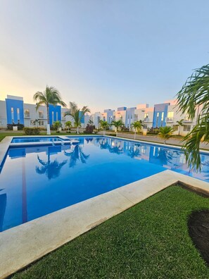 Una piscina con superficie de agua cristalina, rodeada por un césped cuidado y palmeras.