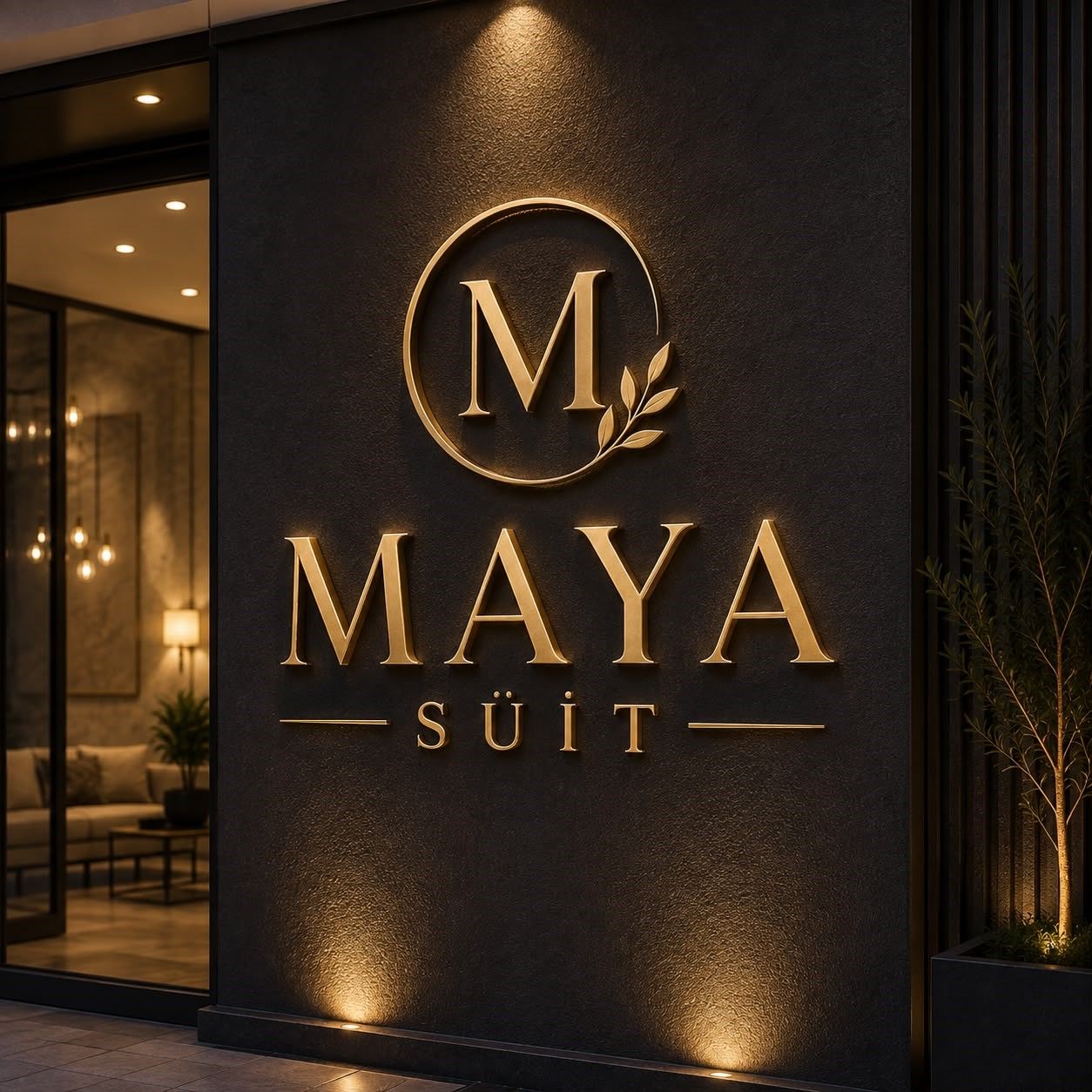 A hotel sign with the name 'MAYA SUIT' in gold lettering on a dark background.