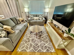 A living room with a grey sofa, a coffee table, a TV, and a patterned rug.