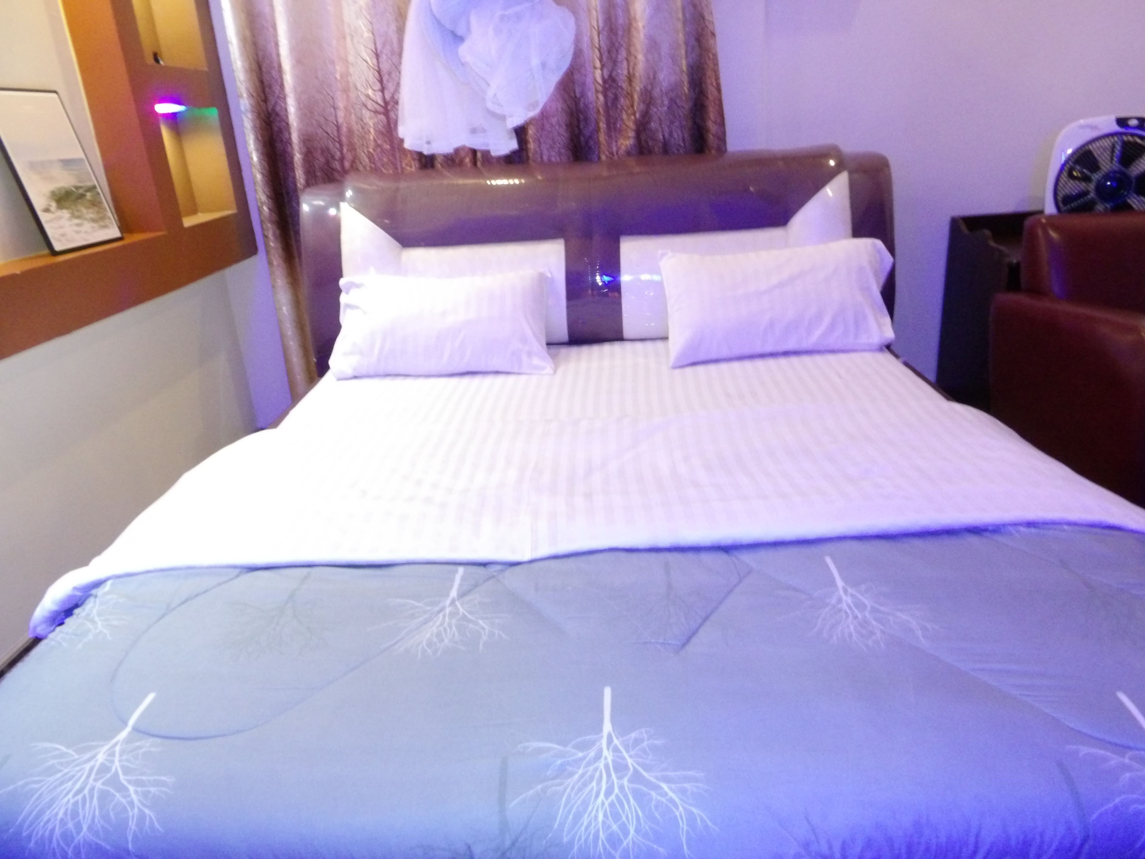 Een bed met witte beddengoed en een hoofdbord, een nachtkastje met een ventilator, en een aan de muur hangend fotolijstje.