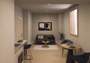 A modern living space with a kitchen, dining area, and a sofa. - Student Only Glasgow Citi View (Glasgow)