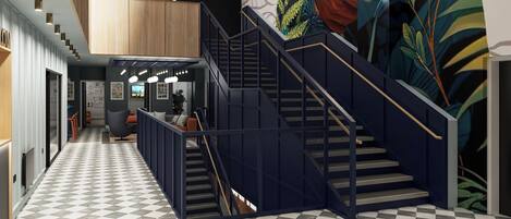 A modern interior with a checkered floor, a staircase with a mesh railing, and a wall with a large botanical mural.
