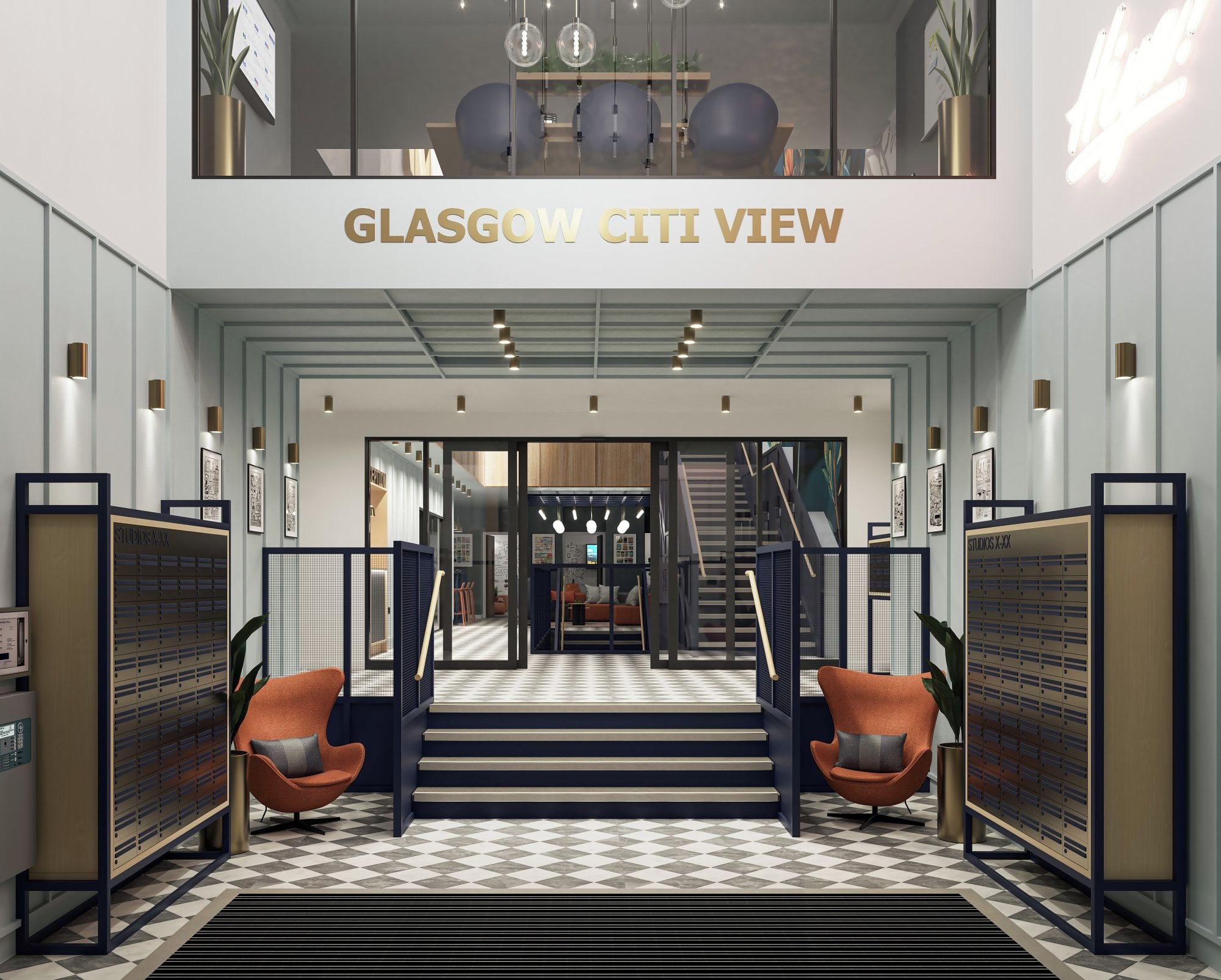 Un interior moderno con una escalera que conduce a un nivel superior, identificado como 'GLASGOW CITI VIEW'.