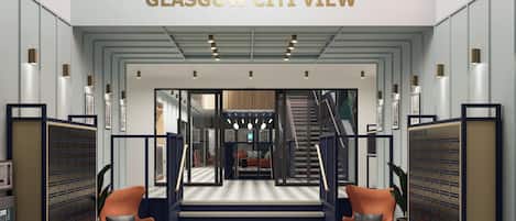 A modern interior with a staircase leading to an upper level, labeled 'GLASGOW CITI VIEW'.