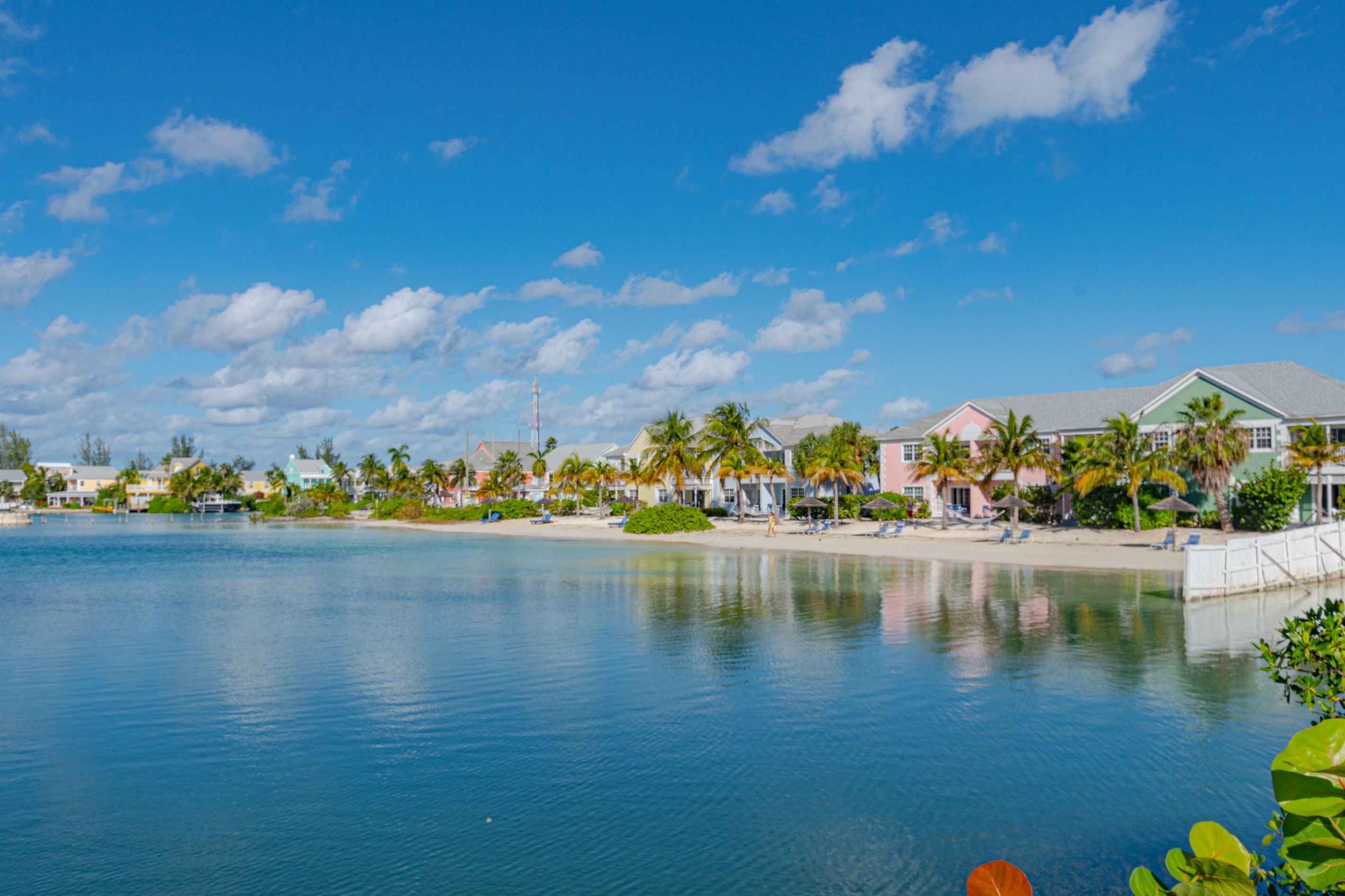 A coastal property with a beachfront, palm trees, and a clear sky.