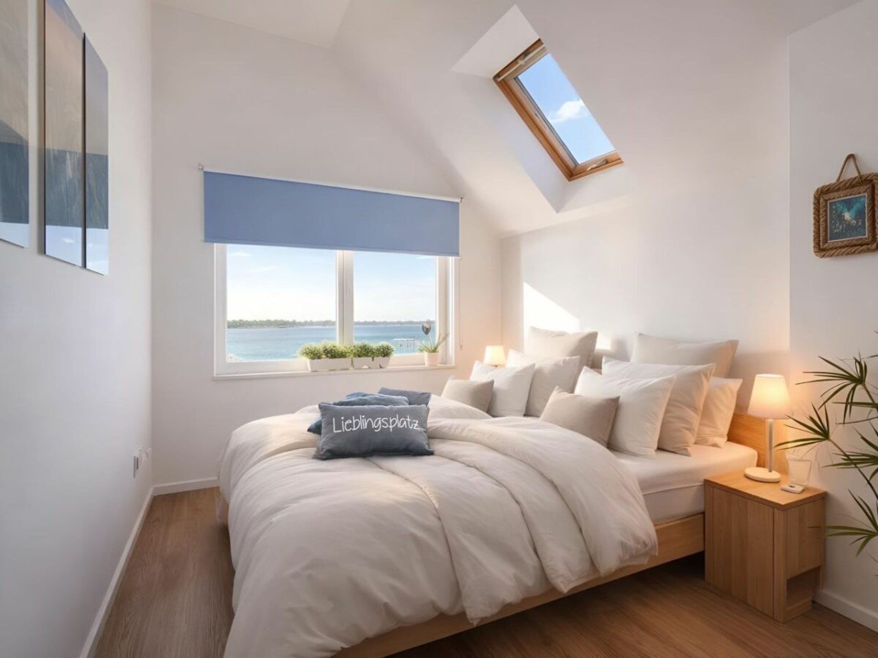 Un dormitorio con cama, tragaluz, ventana con vistas, lámparas de noche y mesita de noche.