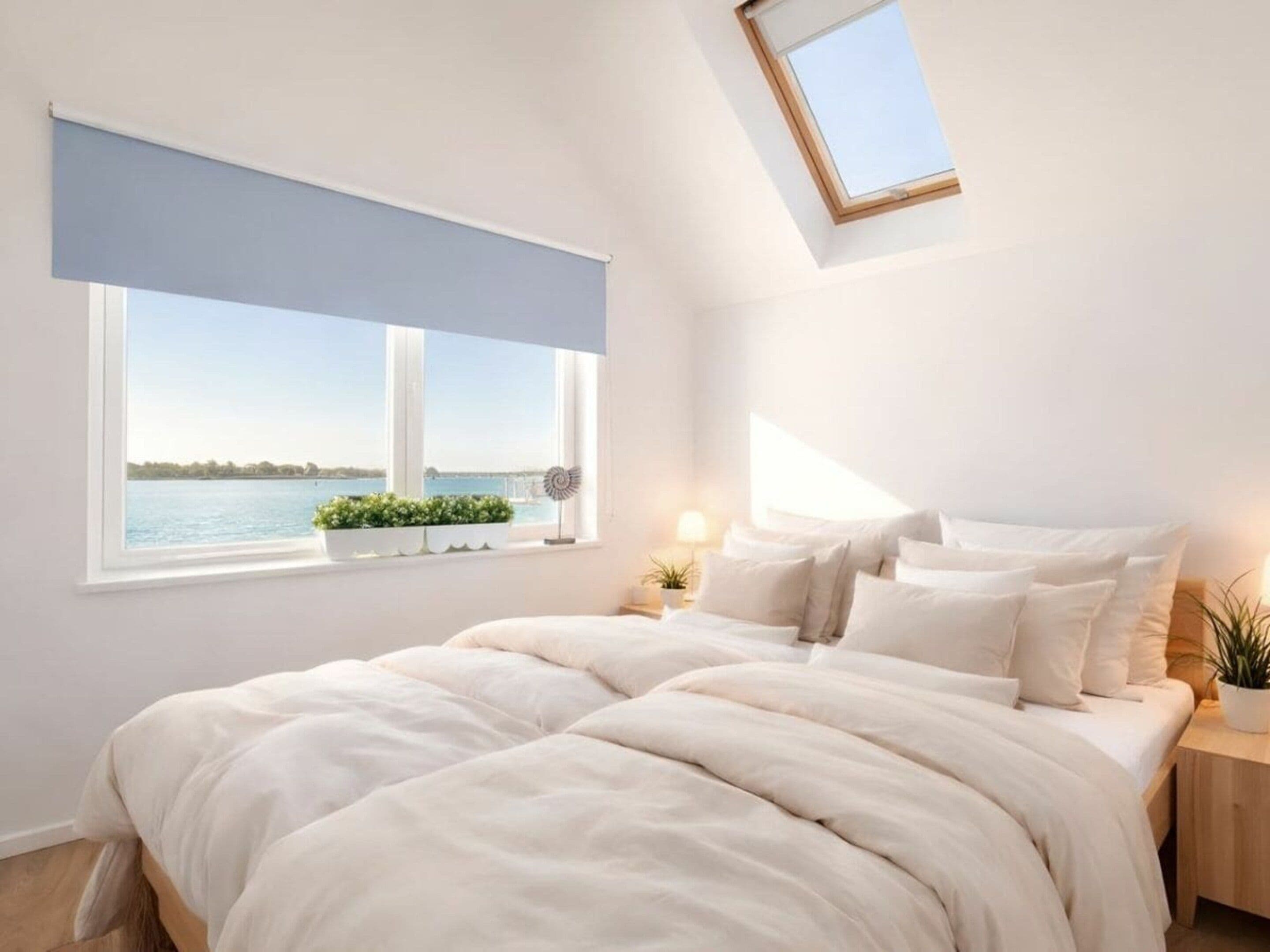 A bedroom with a large bed, a skylight, a view of the water, and a small window with plants.