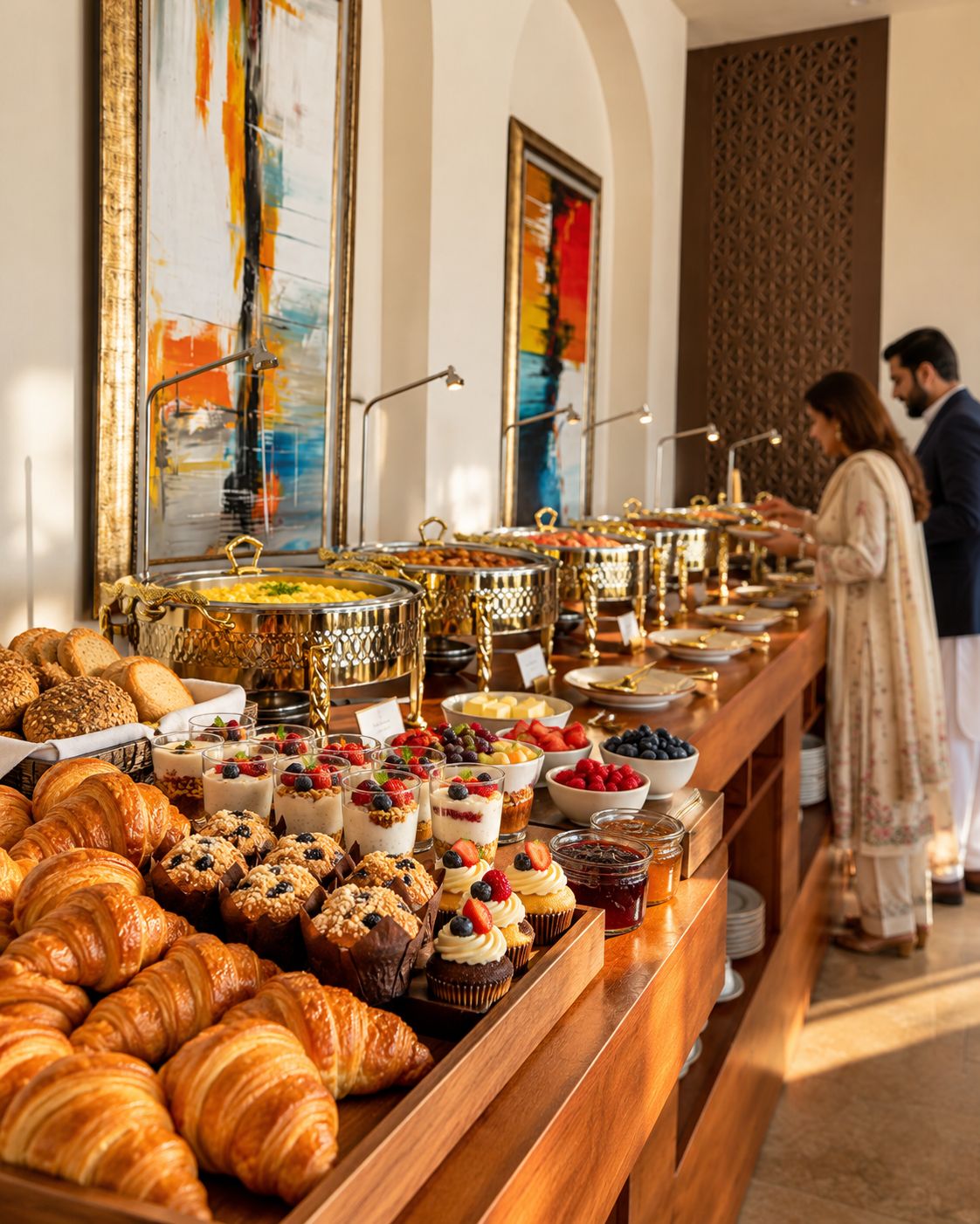 A buffet with various food items and pastries, with people serving and selecting food.