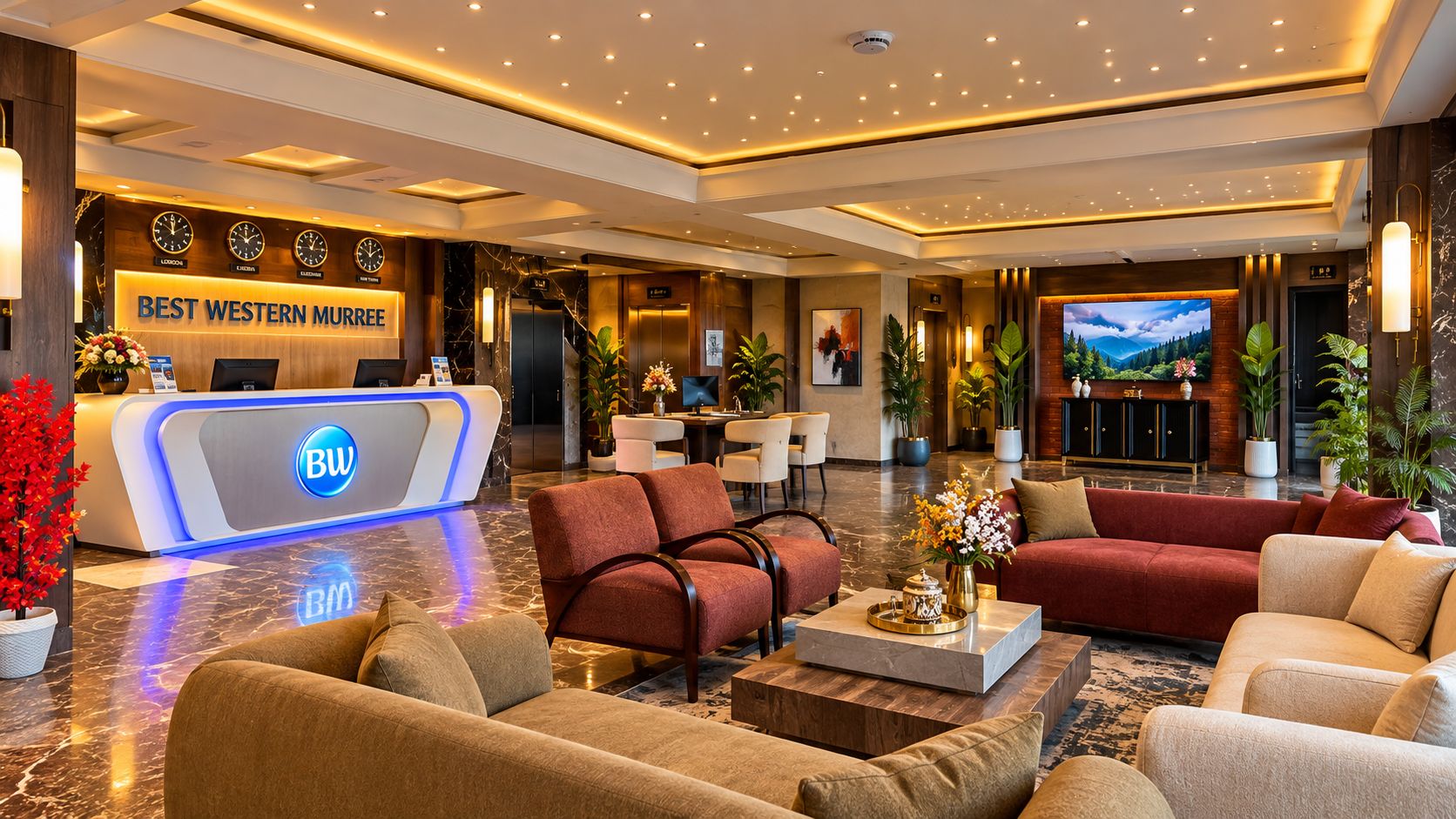 Um saguão de hotel com balcão de recepção, área de estar e uma tela grande.