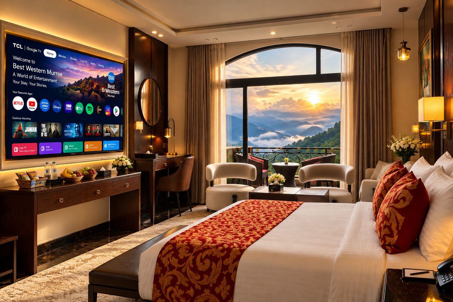 A hotel room with a large TV displaying various streaming apps, a desk with a chair, a bed with red and gold bedding, and a balcony with a scenic view.