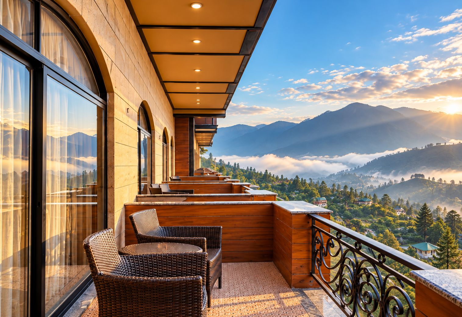 A balcony with wicker furniture, a wooden railing, and a view of mountains and clouds.