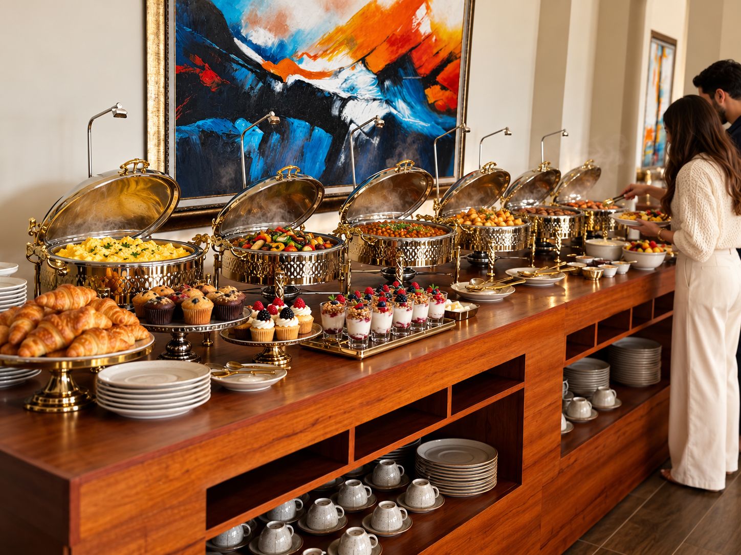 A buffet with various food items and a painting in the background.