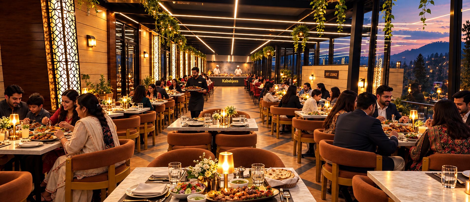 Un restaurante con varias mesas y sillas, un cocinero al fondo y un letrero que dice 'Sky Lounge'.