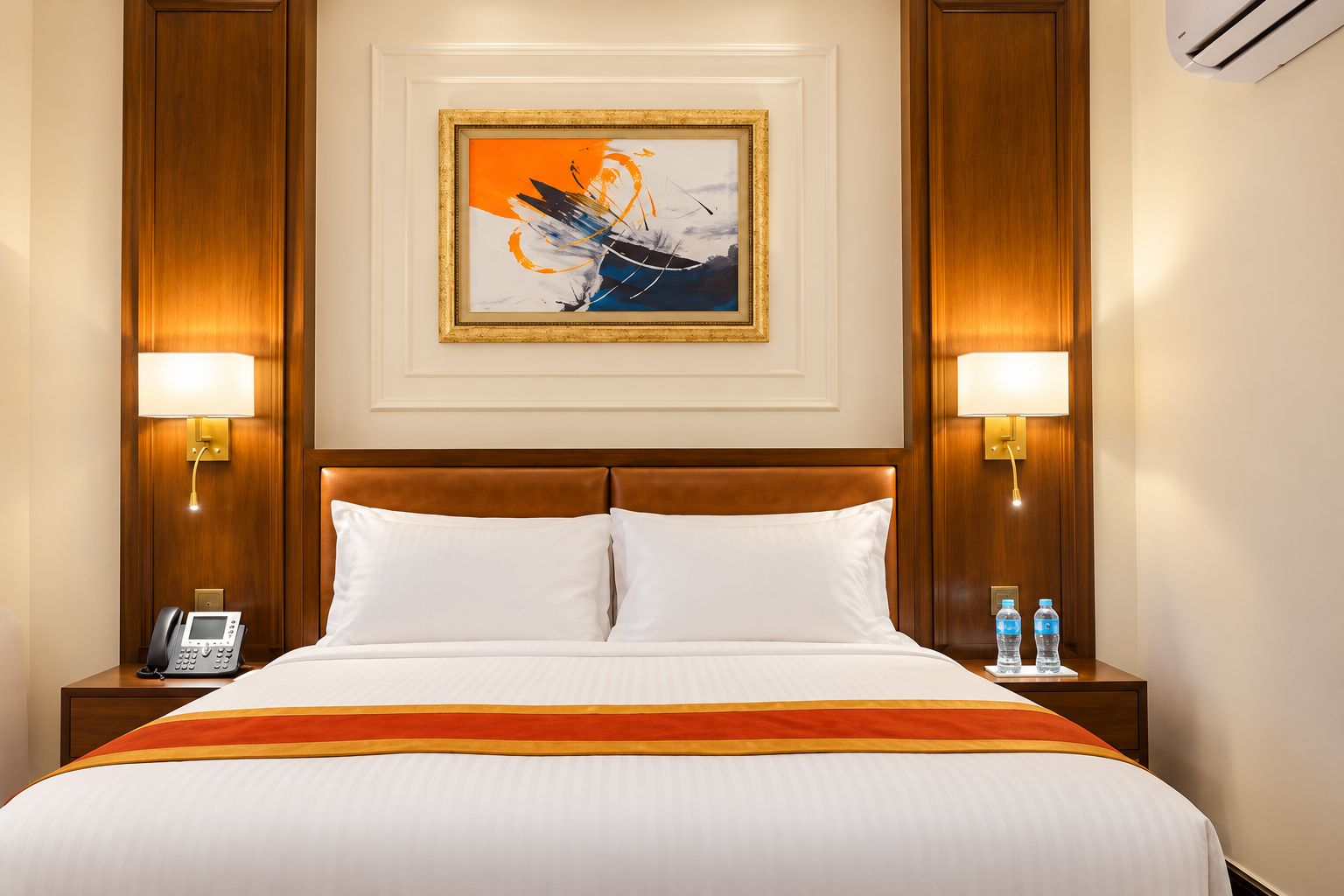 Une chambre d’hôtel avec un grand lit, deux lampes de chevet, un téléphone et une œuvre d’art encadrée au mur.