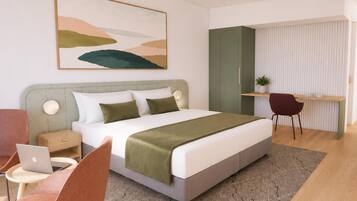 A modern bedroom with a bed, a desk, a chair, and a laptop.